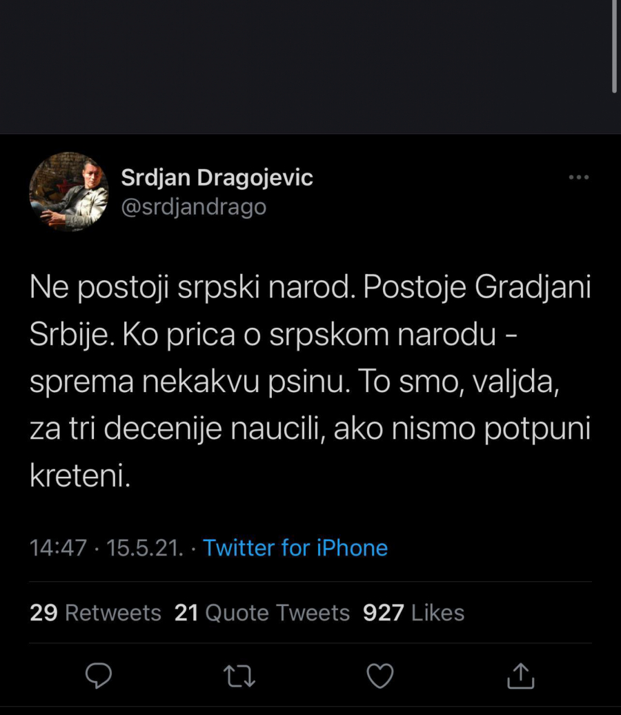 Đilasov promoter, Srđan Dragojević poručio: Ne postoji srpski narod, a ko priča o srpskom narodu sprema neku psinu!
