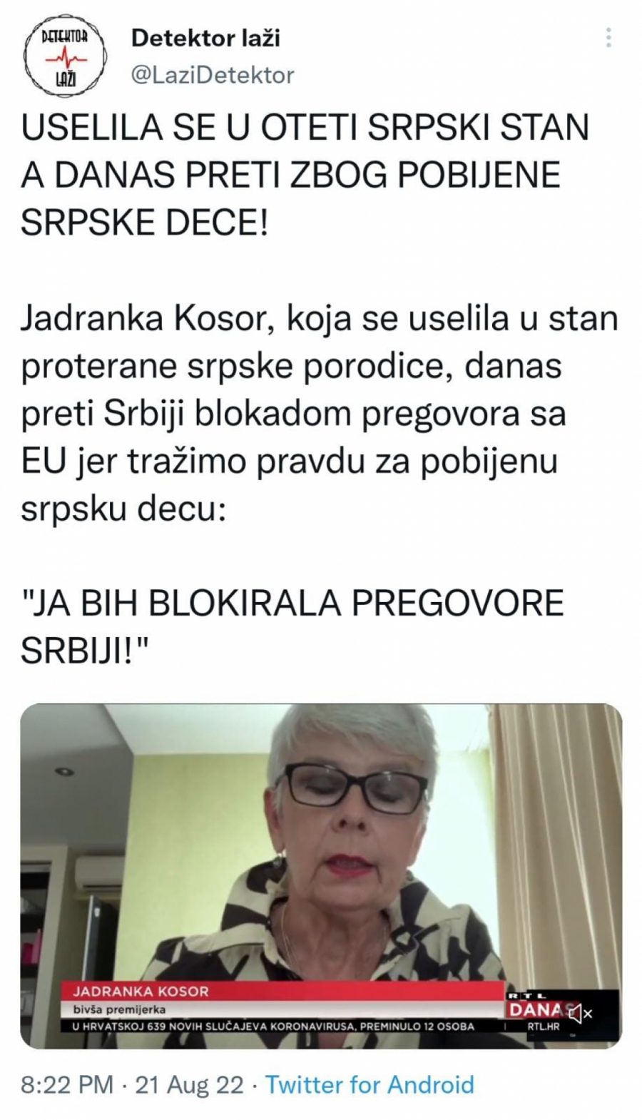 BEZ STIDA I SRAMA Jadranka Kosor, iz stana otetog proteranoj srpskoj porodici, preti Srbiji blokadom pregovora sa EU! (VIDEO)