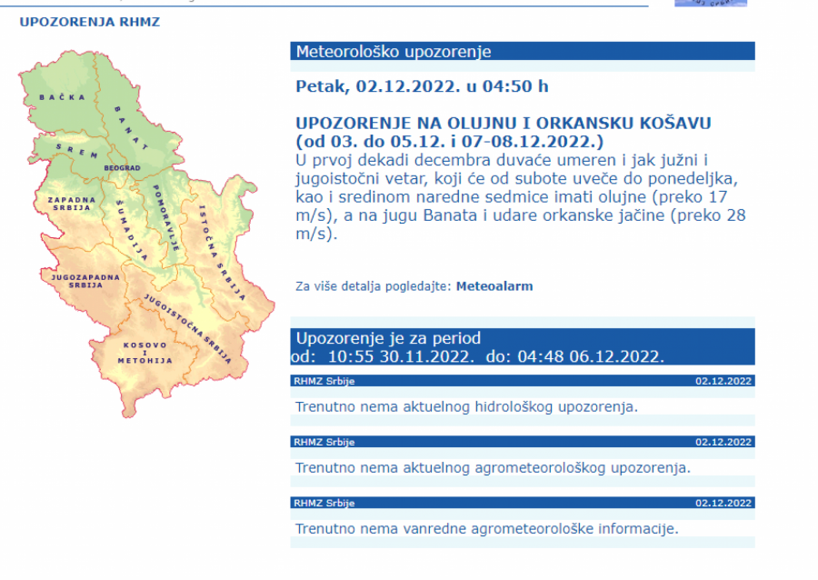 RHMZ IZDAO HITNO UPOZORENJE Evo gde u kojim delovima Srbije će udarati olujni vetar!