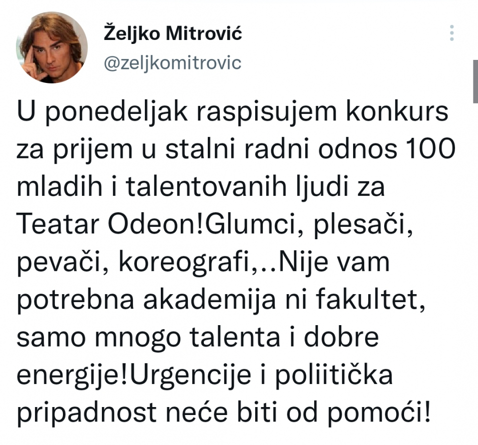 NE TREBA VAM NI FAKULTET NI VEZA Željko Mitrović raspisao konkurs, traži samo jedno